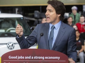Prime Minister Justin Trudeau speaks during the announcement of the VW electric vehicle battery plant in St. Thomas, Ont. on Friday, April 21, 2023.