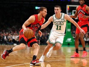 We gave Malachi Flynn, dribbling against Payton Pritchard of the Boston Celtics on Saturday, the top Raptors grade of the game.