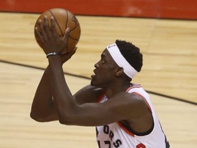 Pascal Siakam of the Toronto Raptors attempts a free throw during an NBA game on April 23, 2019.