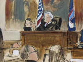 In this courtroom sketch, Judge Arthur Engoron, centre, speaks to former U.S. President Donald Trump's attorney, Chris Kise, directing him to speak with Trump, to answer the questions by the assistant attorney general in New York Supreme Court in New York City, Monday, Nov. 6, 2023.