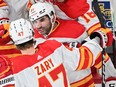 Calgary Flames Nazem Kadri celebrates with teammates after scoring against the Montreal Canadiens in Montreal, Tuesday, November 14, 2023.