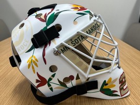Image of Marc-André Fleury's mask celebrating Indigenous culture. The NHL threatened to fine Fleury and the Minnesota Wild if he wore the mask during a game this weekend.