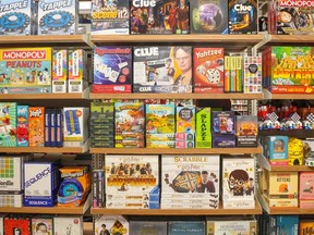 Board games stand on display at an Indigo store in Toronto, on Thursday, Oct. 26, 2023.