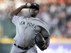 FILE -New York Yankees starting pitcher Luis Severino delivers during the first inning of a baseball game against the Houston Astros, Saturday, Sept. 2, 2023, in Houston. Free-agent pitcher Luis Severino and the New York Mets are finalizing a $13 million, one-year contract, according to a person familiar with the agreement. The person spoke to The Associated Press on condition of anonymity Wednesday night, Nov. 29, 2023, because the team had not announced the deal.