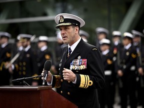 Vice-Admiral Angus Topshee, commander of the Canadian Navy, speaks during the rededication of the National Naval Reserve Monument at HMCS Carleton in Ottawa, on Saturday, Oct. 14, 2023.