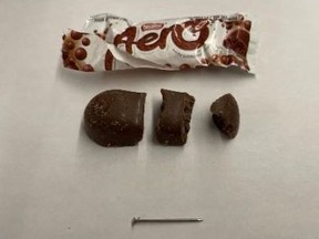 A needle was found in a chocolate bar handed out to a Halloween trick-or-treater in Lorne Park – near Indian Rd. and Indian Grove – on Tuesday, Oct. 31, 2023.