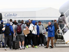 The Winnipeg Blue Bombers boarded a charter for the 110th Grey Cup in Hamilton from Winnipeg on Monday, Nov. 13, 2023.