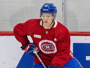 Winger Emil Heineman takes part in Montreal Canadiens rookie camp at the CN Sports Complex in Brossard on Thursday Sept. 14, 2023.