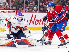 Canadiens' Brendan Gallagher waits for a rebound as Panthers goalie Sergei Bobrovsky makes a save during game at the Bell Centre last month.