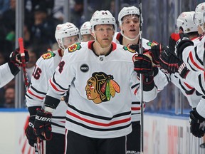 Corey Perry #94 of the Chicago Blackhawks celebrates a goal against the Toronto Maple Leafs during the second period in an NHL game at Scotiabank Arena on October 16, 2023 in Toronto, Ontario, Canada. The Blackhawks defeated the Maple Leafs 4-1.