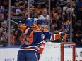 Edmonton Oilers Sam Gagner (89) and Derek Ryan (10) celebrate a goal against the Chicago Blackhawks at Rogers Place in Edmonton on Tuesday, Dec. 12, 2023.