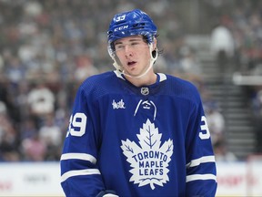 Toronto Maple Leafs' Fraser Minten is pictured during NHL preseason hockey action against the Detroit Red Wings in Toronto, on Thursday, Oct. 5, 2023.