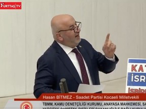 Hasan Bitmez, a parliamentarian in Turkey, collapsed after apparently suffering a heart attack following a warning to Israel for its war against Hamas.