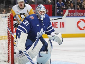 Martin Jones of the Toronto Maple Leafs watches for a puck against the Pittsburgh Penguins during the third period on Saturday night.