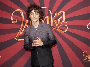 Timothee Chalamet attends the red carpet premiere for Wonka at Toronto's Yorkdale Mall on Wednesday, Dec. 13.