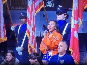 Sholanty Taylor sings O Canada on Monday, Dec. 11, 2023, during a New York Islanders-Toronto Maple Leafs game at UBS Arena in Elmont, N.Y.