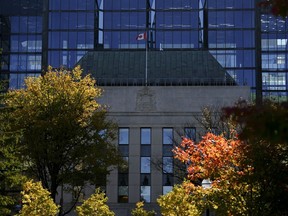 The Bank of Canada is framed by fall coloured leafs in Ottawa on Monday, Oct. 23, 2023.