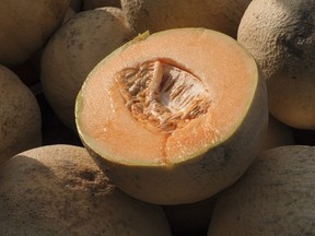Cantaloupes are displayed for sale in Virginia on Saturday, July 28, 2017.