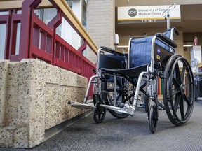 Statistics Canada data shows that 27 per cent of people 15 and older -- about eight million Canadians -- reported having at least one disability in 2022, about twice the percentage of people who reported a disability 10 years ago. Wheelchairs await non-ambulatory patients at the University of Calgary Medical Clinic, in Calgary, Alta. on Nov. 17, 2022.