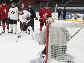 Canada's Nate Danielson (9) takes a shot on goal during practice at the Scandinavium arena prior to the start of the IIHF World Junior Hockey Championship in Gothenburg, Sweden on Monday, Dec. 25, 2023. Canada will face Finland in their first game on Dec. 26.