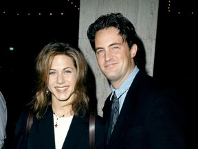 Matthew Perry and Jennifer Aniston seen in a 1995 file photo.