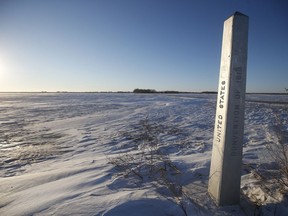 A border marker is shown just outside of Emerson, Man., on Thursday, Jan. 20, 2022.
