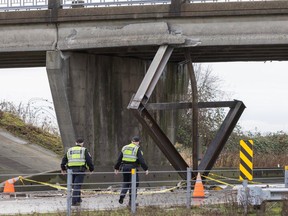 The 112th street overpass was damaged when a semi carrying big girders struck the overpass while travelling south bound on Hwy 99 in Delta, BC, Dec. 28, 2023.