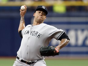 New York Yankees starting pitcher Frankie Montas throws to a Tampa Bay Rays batter Sunday, Sept. 4, 2022, in St. Petersburg, Fla.