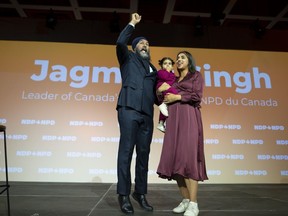 NDP Leader Jagmeet Singh and wife Gurkiran Kaur Sidhu have welcomed their second baby girl. Singh is joined on stage by Sidhu and their daughter, Anhad Kaur, following a speech at the NDP convention in Hamilton, Ont., Saturday, Oct. 14, 2023.