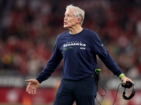 Seattle Seahawks head coach Pete Carroll reacts during the fourth quarter against the Arizona Cardinals.