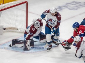 Montreal Canadiens right wing Joel Armia (40) scores the game winning goal against the Colorado Avalanche goaltender Alexandar Georgiev (40) during 3rd period NHL action at the Bell Centre in Montreal on Monday Jan. 15, 2024.