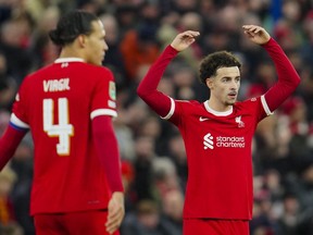 Liverpool's Curtis Jones celebrates after scoring his side's opening goal against Fulham.