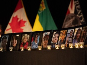 Photos of the victims were on display with candles on stage on April 27, 2023 when RCMP outlined what happened during the stabbing rampage of Sept. 4 2022.