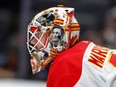 Jacob Markstrom of the Calgary Flames in goal against the Anaheim Ducks at Honda Center on December 21, 2023, in Anaheim, California.