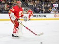 Jacob Markstrom of the Calgary Flames plays the puck against the Vegas Golden Knights at T-Mobile Arena on January 13, 2024 in Las Vegas.