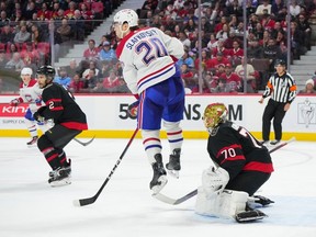 Canadiens' Juraj Slafkovsky screens Senators goalie Joonas Korpisalo during game in Ottawa Thursday night.