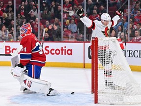 Montreal Canadiens goaltender Jake Allen gets up after allowing a goal during the first period against the Ottawa Senators at the Bell Centre on Tuesday, Jan. 23, 2024.