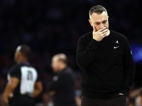 Head coach Darko Rajakovic of the Toronto Raptors reacts during the first half against the New York Knicks at Madison Square Garden on Saturday, Jan. 20, 2024, in New York City.