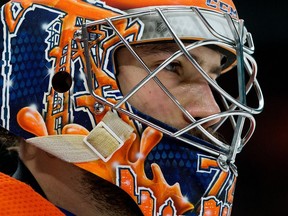 The Edmonton Oilers' goalie Stuart Skinner (74) during second period NHL action against the Columbus Blue Jackets at Rogers Place, in Edmonton Tuesday Jan. 23, 2024. Photo by David Bloom