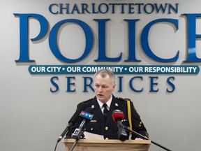 Charlottetown Police Services Chief Brad MacConnell speaks during a press conference in Charlottetown, Friday, Jan. 26, 2024, regarding significant developments in the case of the 1988 unsolved homicide of Byron Carr.