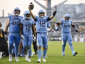 Toronto Argonauts quarterback Chad Kelly celebrates after scoring against the Hamilton Tiger-Cats at BMO Field. The Argonauts are the CFL's most memorable team, according to a Sporcle quiz conducted by OntarioBets.com.