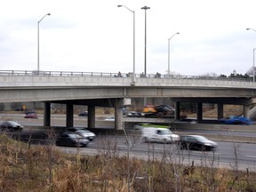 The bridge at Avenue Rd. and Hwy. 401 is seen in Toronto on Wednesday, Jan. 3, 2024. The bridge has been the site of multiple pro-Palestinian rallies over the last few weeks.