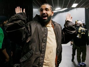 Rapper Drake leaves Game Six of the Eastern Conference First Round between the Toronto Raptors and the Philadelphia 76ers at Scotiabank Arena on April 28, 2022 in Toronto, Canada.