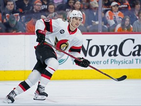 Ottawa Senators' Alex Formenton skates during an NHL hockey game, Friday, April 29, 2022, in Philadelphia. Five players from Canada's 2018 world junior team have taken a leave of absence from their respective clubs in recent days amid a report that five members of that team have been asked to surrender to police to face sexual assault charges. New Jersey?s Michael McLeod and Cal Foote, Philadelphia?s Carter Hart, Calgary?s Dillon Dube and former NHL player Alex Formenton have all been granted indefinite leave, with the absences announced this week.