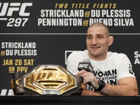 UFC middleweight champion Sean Strickland speaks with the media ahead of UFC 297 in Toronto on Wednesday, Jan. 17, 2024.