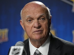 New York Islanders president and general manager Lou Lamoriello responds to questions after the second day of the NHL hockey draft Thursday, June 29, 2023, in Nashville, Tenn.