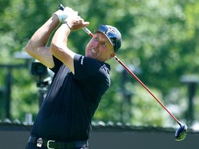 Phil Mickelson tees off during Round 3 at the LIV Golf-Bedminster 2023 at the Trump National in Bedminster, New Jersey on August 13, 2023.