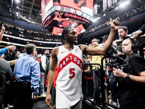 New Raptor Immanuel Quickley salutes fans after his team defeated the Cleveland Cavaliers in their basketball game at Scotiabank Arena on New Year’s Day. Quickley’s range, accuracy and speed add a badly needed element to the offence. Getty Images