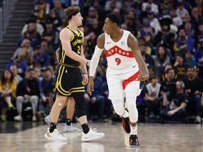 RJ Barrett of the Toronto Raptors celebrates after making a three-point basket in the second quarter against the Golden State Warriors at Chase Center in San Francisco on Jan. 7, 2024.