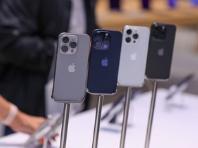 A display of new iPhone 15 Pro smartphones at the Apple Inc. Rosenthaler Strasse store in Berlin, Germany, on Friday, Sept. 22, 2023.